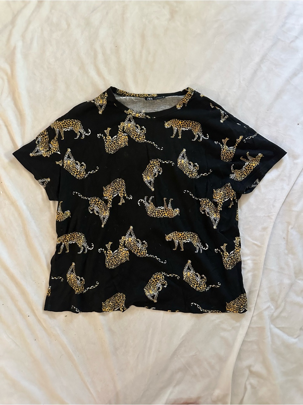 Zara Black Tee with Yellow Leopard Motif
